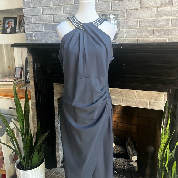Alex Evenings Blue Gray Halter Dress with Sparkling Embellishments - Picture 1 of 4